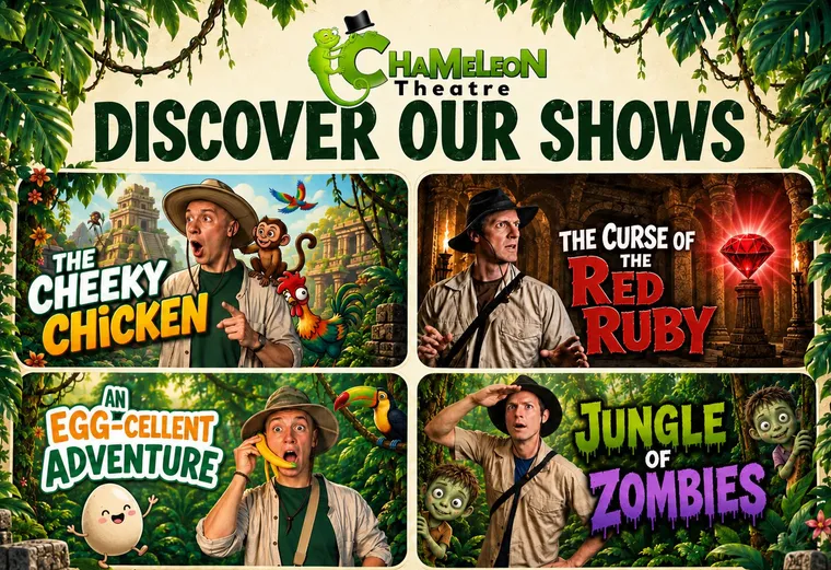 Collage promocional de las obras de teatro en inglés de Chameleon Theatre: The Cheeky Chicken, The Curse of the Red Ruby, An Egg-cellent Adventure y Jungle of Zombies.